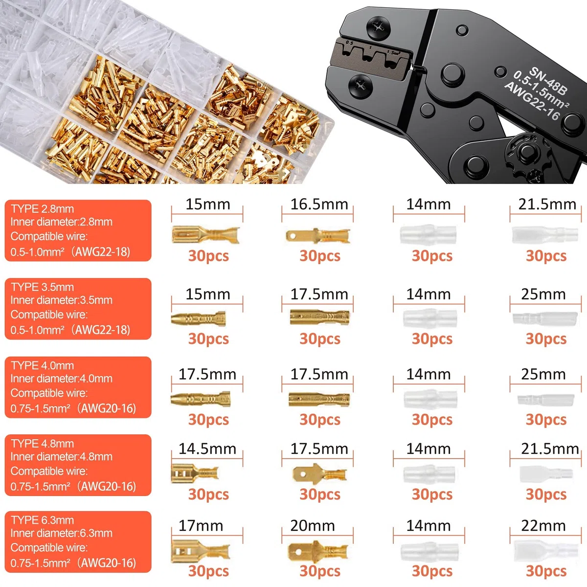 Pince à Sertir électrique pour Connecteur Bêche, 0.5-1.5mm²/22-16 AWG, Preciva Pince à Sertir les Cosses de Fils with 600pcs de Connecteurs Mâles Femelles pour Câbles en Laiton