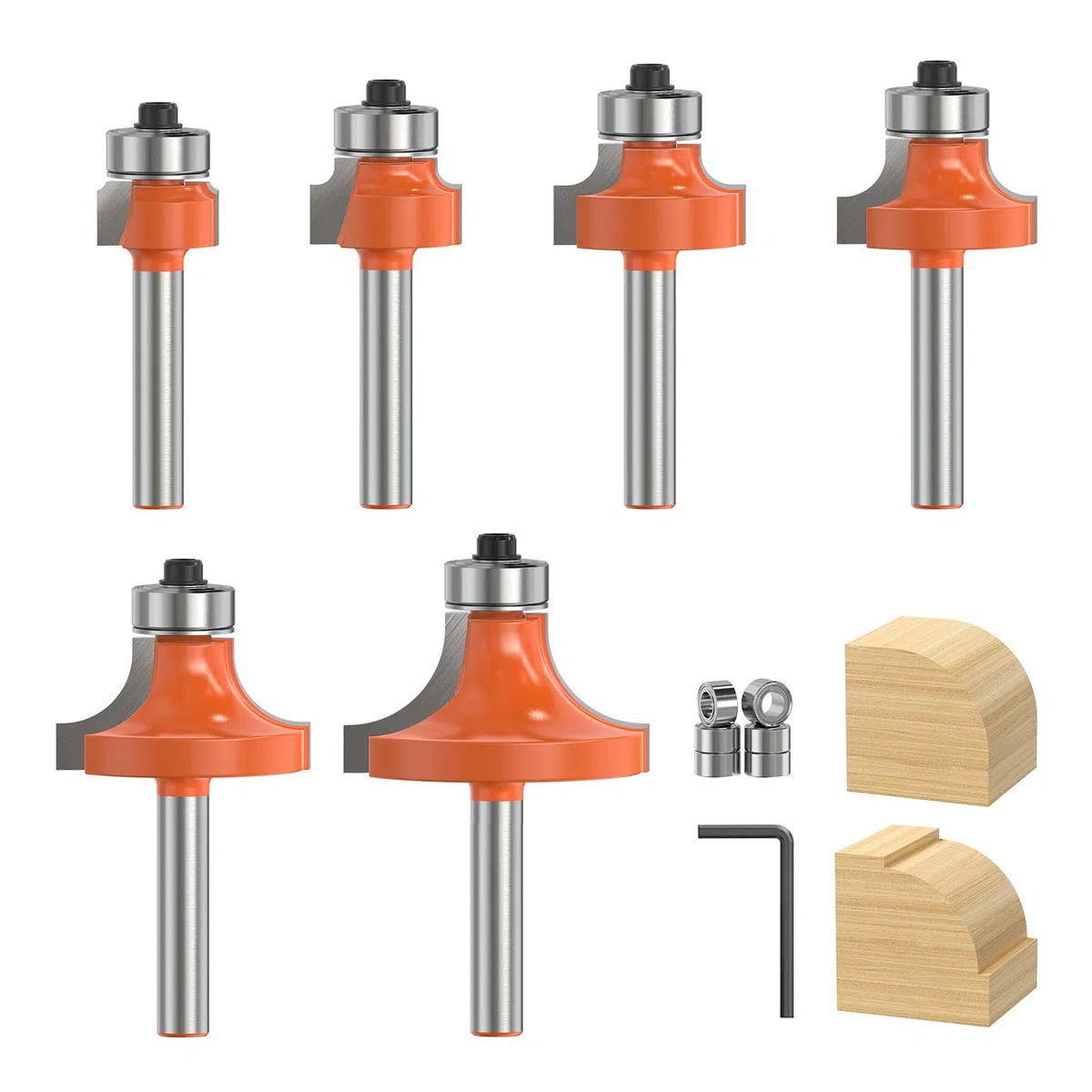Jeu de 6 Fraise à Arrondir Quart de Rond–Queue 6mm, Rayons 1,5-3-5-6-10-13mm, Roulements Interchangeables 9,5 & 12,7 mm, Carbure Tungstène YG6X, pour Bois MDF Contreplaqué