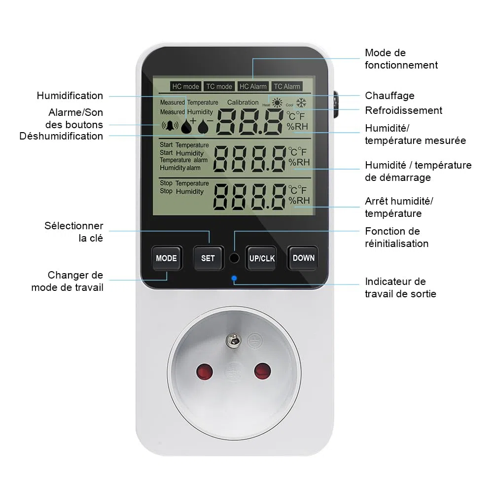 KETOTEK Digital Contrôleur Humidité/Température, Prise Hygrostat avec Sonde, Regulateur D'humidité 230V avec Alarme pour Incubateur Serre Humidificateur Déshumidificateur