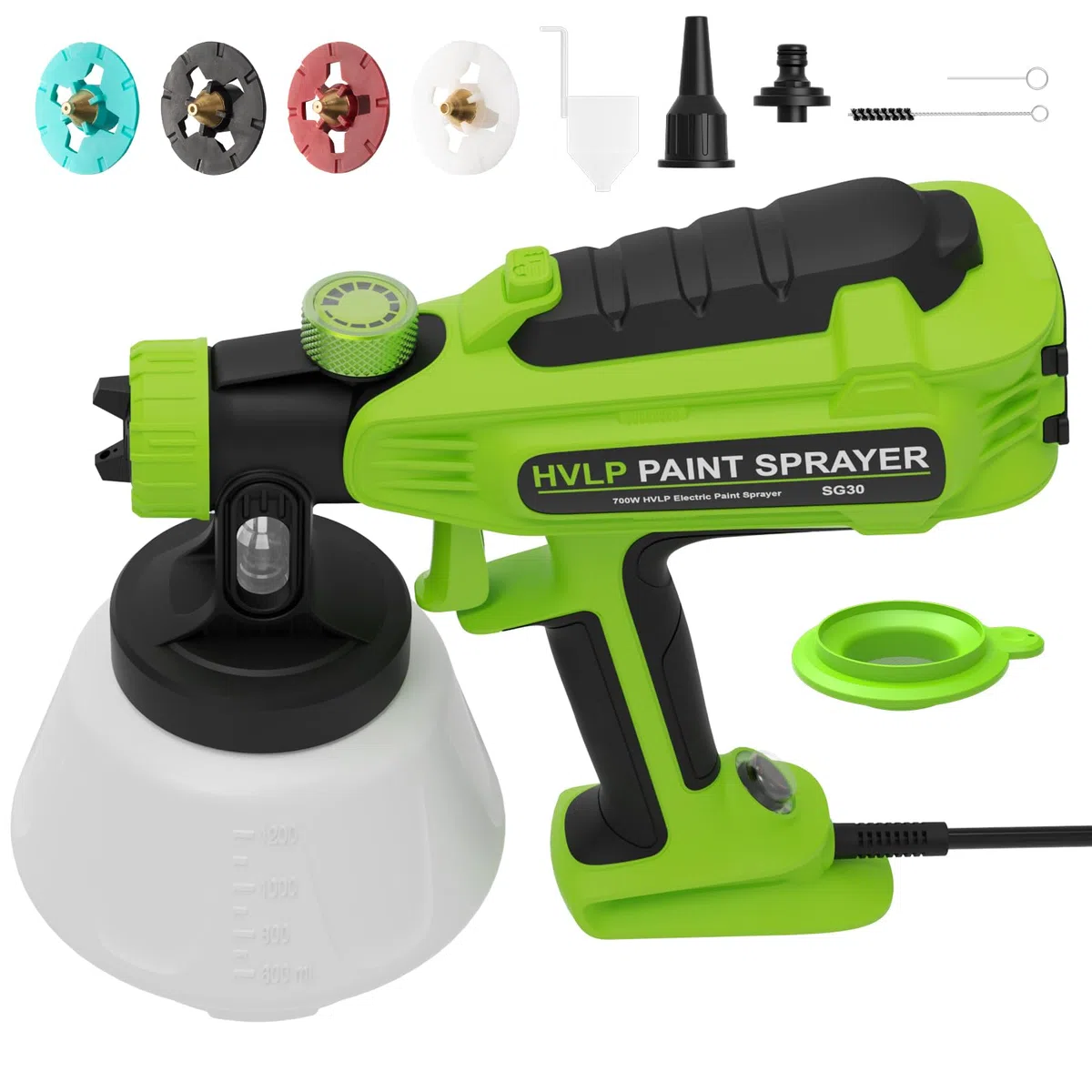Pistolet Peinture HVLP 700W,Pistolet Peinture Électrique avec 4 Buses & 3 Motifs, Fonction Soufflage & Nettoyage, Réservoir 1200ml, pour Meubles, Murs, Portes, Clôtures, Bricolage