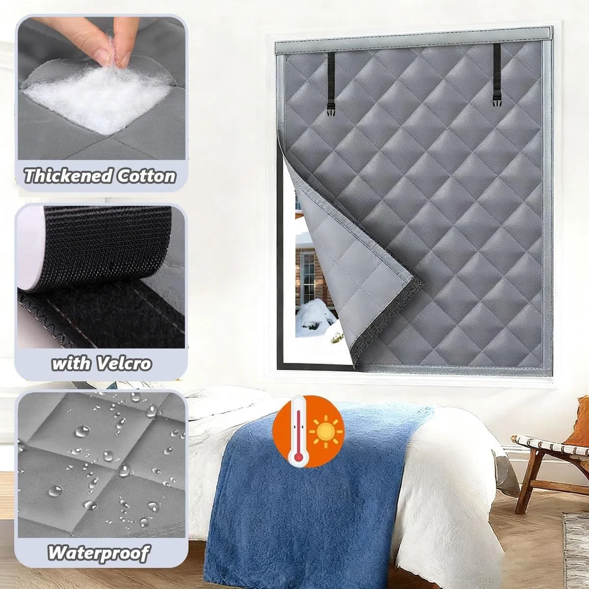 Kit D'isolation De Fenêtre 70 90 120 150 270 300 cm Couverture De Fenêtre Thermique Oxford Rideau Isolant Thermique Imperméable Coupe-Vent avec Velcro pour Camping-Cars(Noir,43x63in/110x160cm)