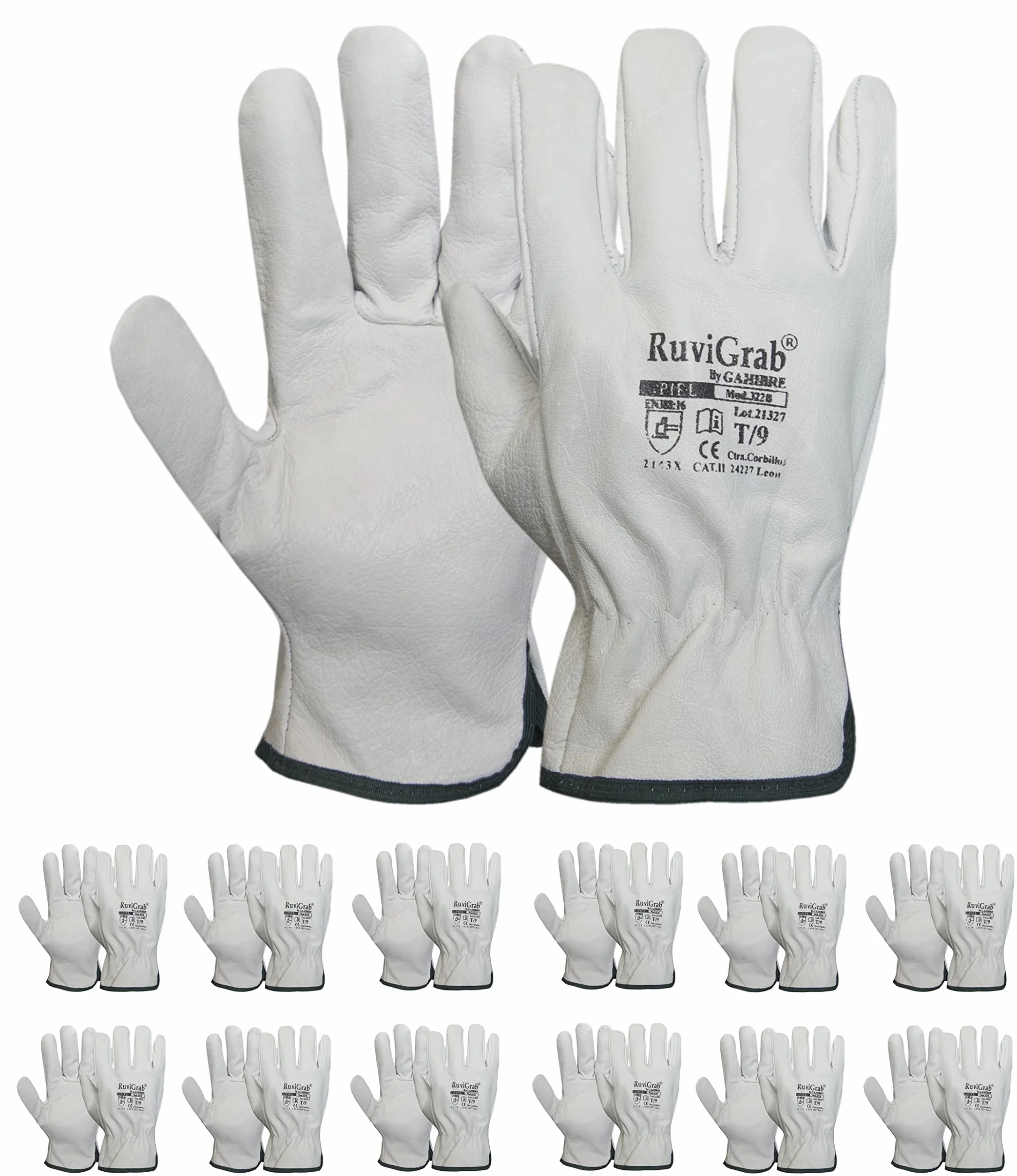 Ruvigrab - Pack de 12 gants de travail en cuir de fleur naturelle