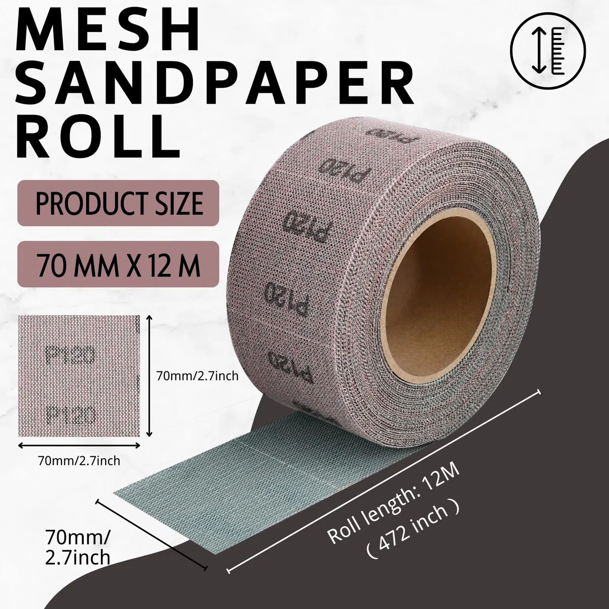 Grain 80 Rouleau de papier a poncer de filet 70mm x 12m, Papier Abrasif, Collocation avec une ponceuse à main de 70mm de large, pour meubles en bois, finition du métal, polissage automobile