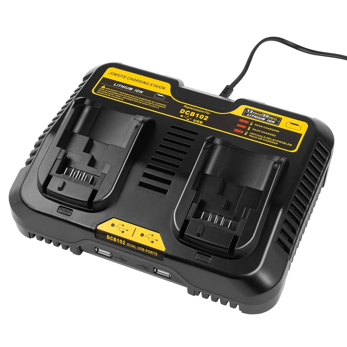 ASUNCELL Chargeur de Batterie 2 Ports Compatible avec Dewalt DCB115 - 18V Dual 3,0 A 12V-20V Max Li-ION Rapide - Pour DCB avec 2 Ports USB 2,1A