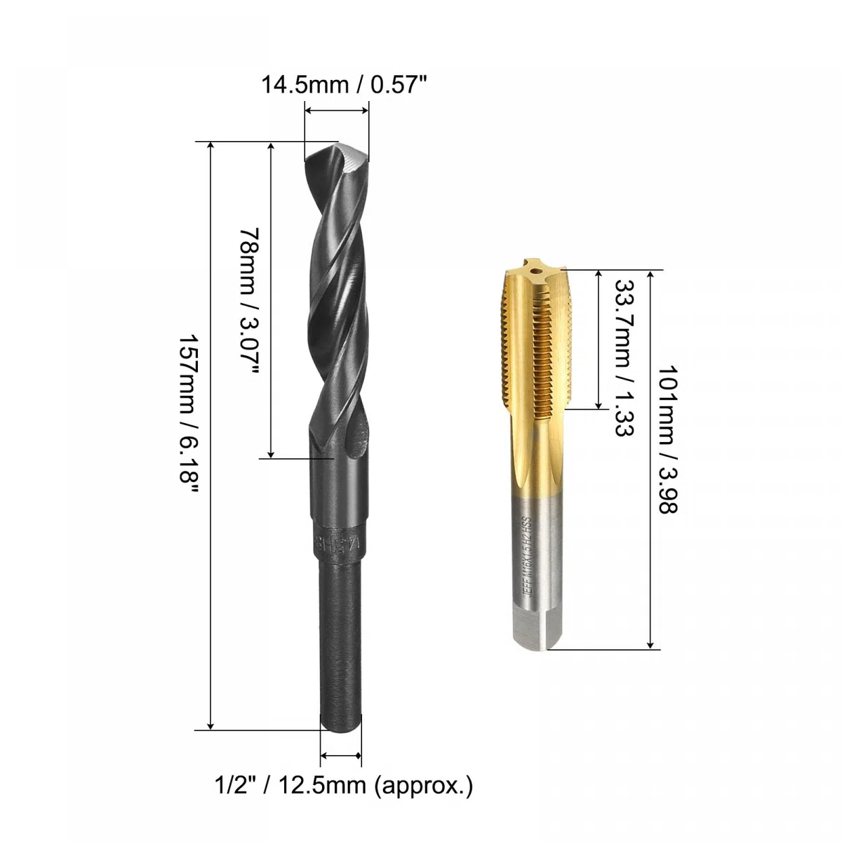 sourcing map Taraud métrique M16 x 1,5 mm Pas H2 Filetage à droite 14,5 mm Foret HSS 9341 Oxyde noir avec tige droite réduite 1/2"