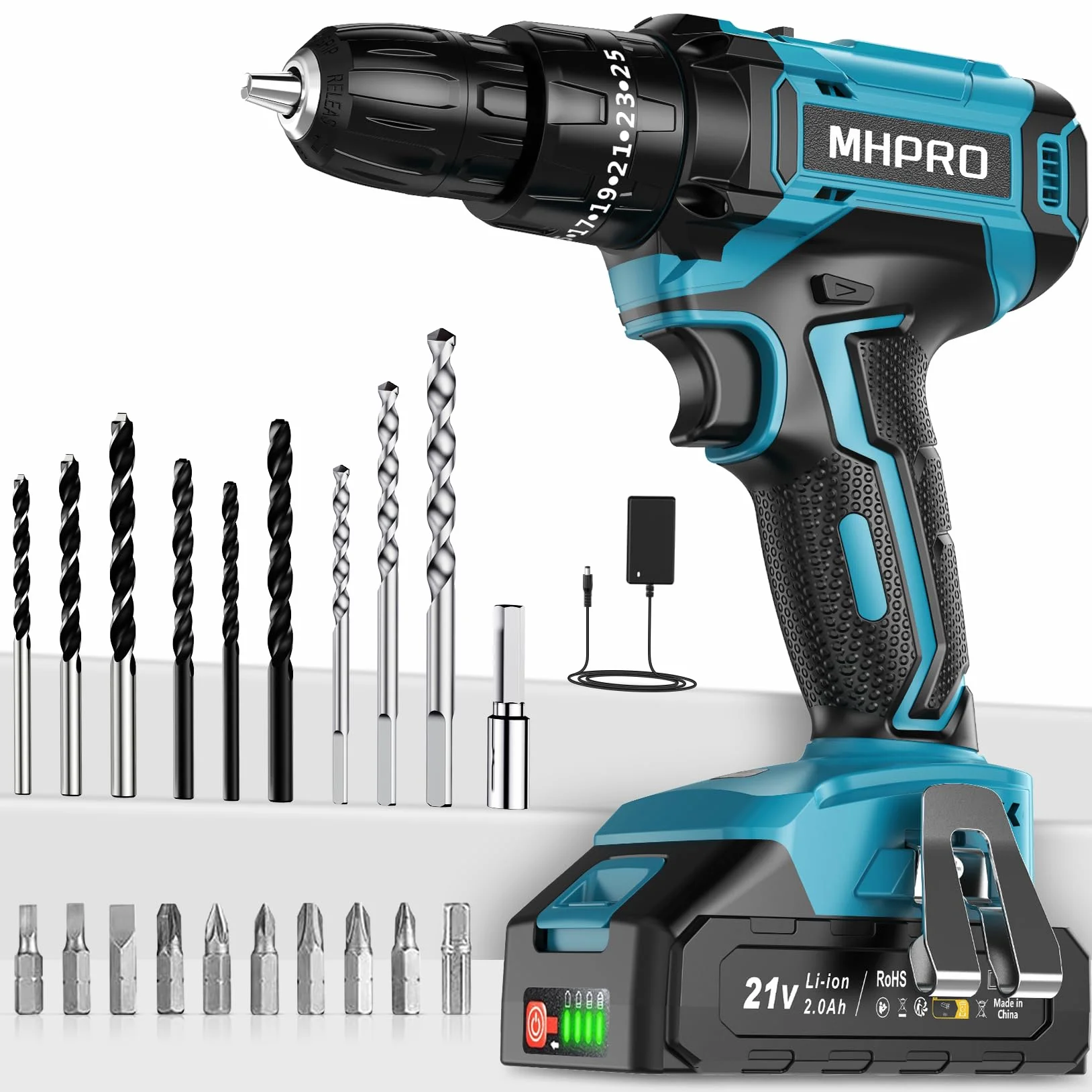 MHPRO Perceuse Visseuse Sans Fil 21V, Visseuse Devisseuse avec Batteries 2.0Ah, 42N.m Percussion, 25+3 Réglages de Couple, 24 Accessoires, 2 Vitesses, LED, pour Projet de Bricolage