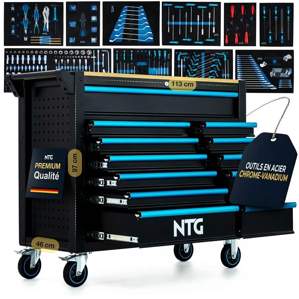 NTG Chariot à outils XXL – 471 pièces – 12 tiroirs avec plan de travail en bois, verrouillable, mobile sur roulettes – Meuble de rangement professionnel en métal pour garage et atelier