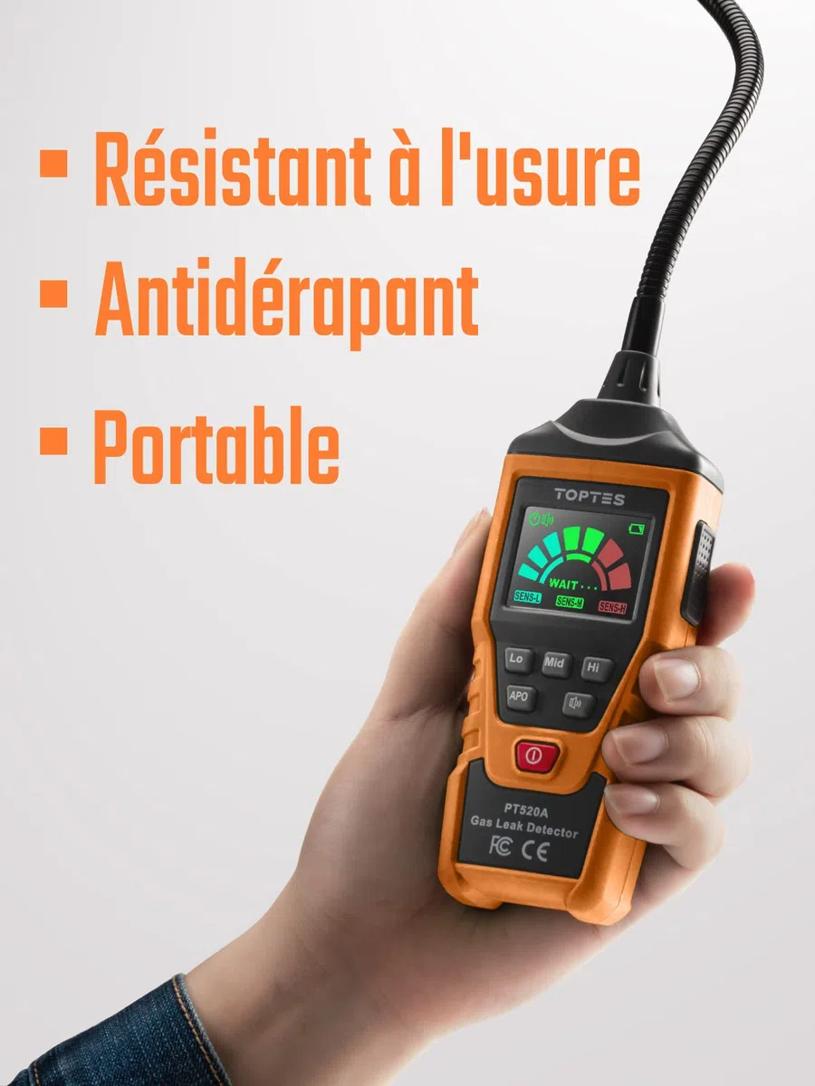 Détecteur de Gaz Naturel, TopTes PT520A Détecteur de Fuites de Gaz avec Une Sonde Flexible de 43,5 cm, pour Les Fuites de Gaz comme Le Propane, Le Gaz Naturel, Le Méthane (3 Piles Incluses) - Orange