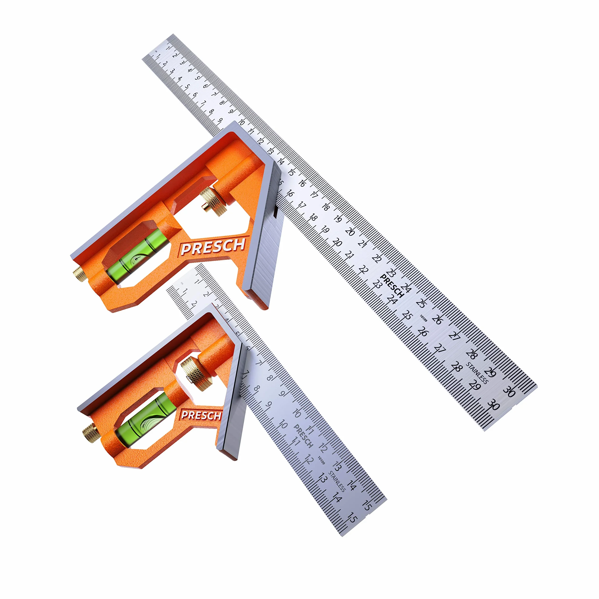 Presch Lot de 2 Équerres Combinées 150mm & 300mm - Unités métriques - Deux Équerres à Combinaison, Universelles et Précises en Métal, avec Butées - Jeu d'Equerres à Coulisse