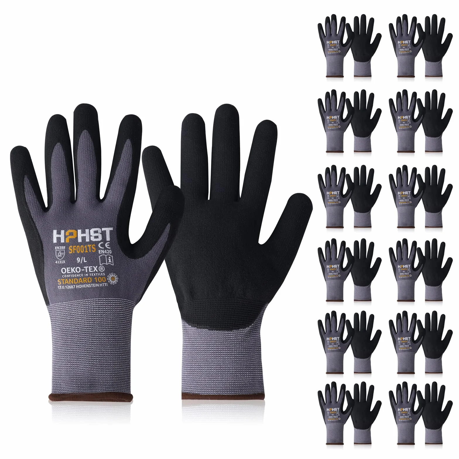 Gants de travail -12 paires de gants de montage pour homme et femme - Design ergonomique - Gants de jardin - Gris，Taille 10/XL
