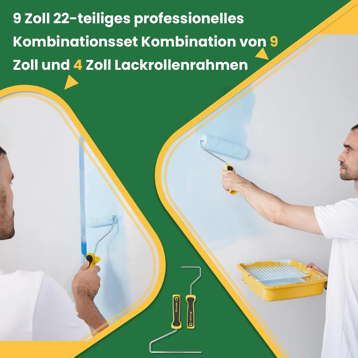 Voomey - Kit de peinture de 17 pièces, rouleaux de peinture de 22,86 cm, rouleaux de peinture de 10,16 cm et Seau de peinture de 22,9 cm avec pinceau, grille d'égouttage en plastique.