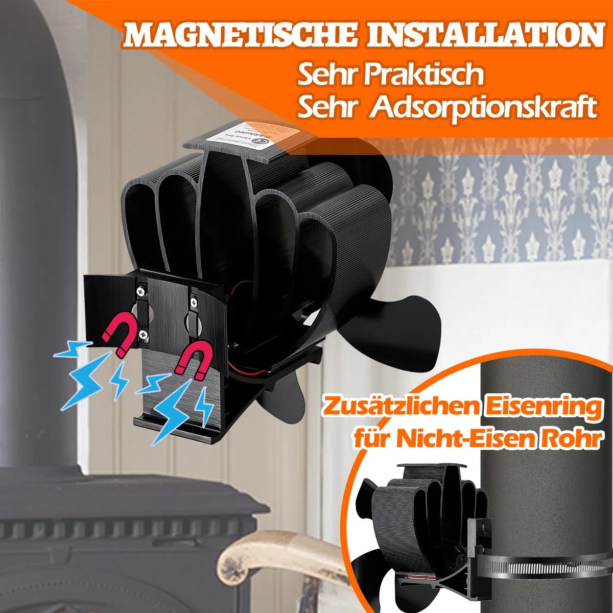 CWLAKON Ventilateur Poele à Bois Magétique, Ventilateur de Cheminée pour Tuyau/Poêle à Gaz - Silencieux Alimenté par Chaleur avec Thermomètre