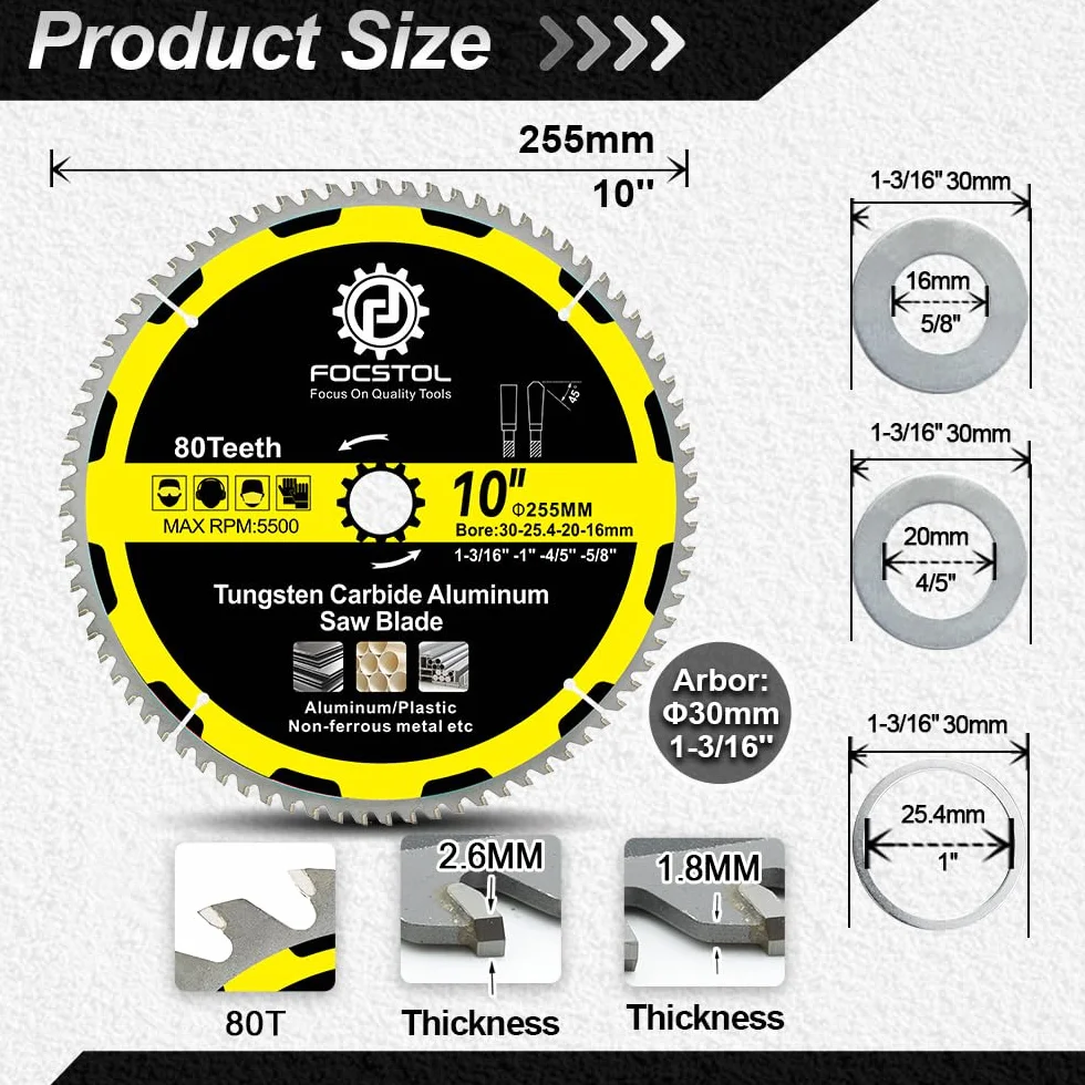 FOCSTOL Lame Scie Circulaire Aluminium 255mm x 30mm - Disque Coupe pour Aluminium 80 Dents pour Couper Métaux non Ferreux Plastique