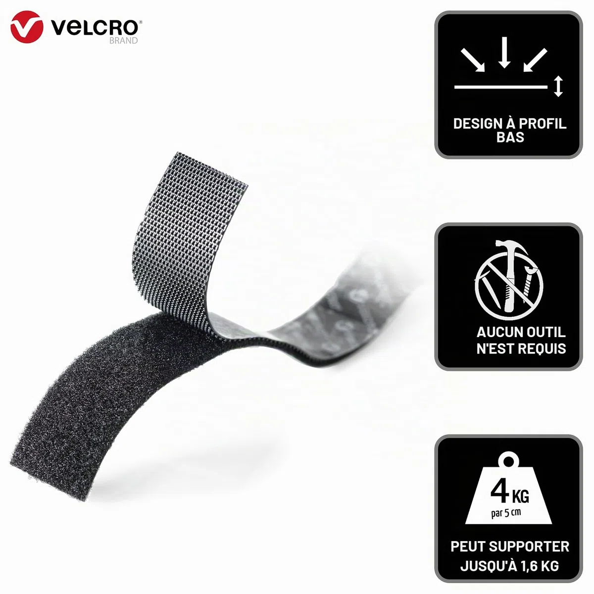 VELCRO Brand Ruban auto-agrippant extra-fin et discret, Noir 50mm x 5m | Ruban VELCRO adhésif extra-fin, haute résistance et découpable, pour des fixations affleurantes