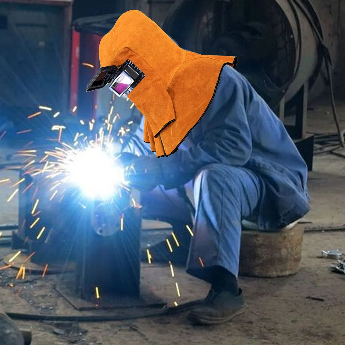 CDIYTOOL Capuche en cuir de vachette, casque de soudure avec filtre à obscurcissement automatique solaire, masque de soudure en cuir de vachette avec protection pour le cou et les épaules