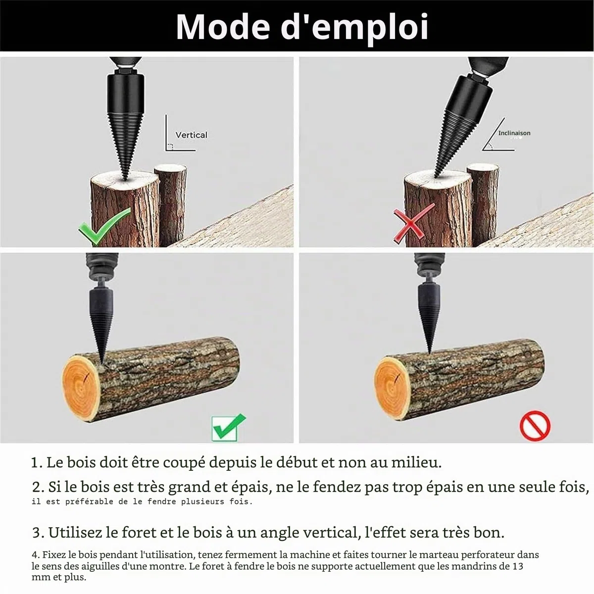 Kiméo Foret Fendeur de Bûches 3 en 1 – Cône Fendeur Bois Universel, Foret de Fendage de Bois ou de Bûches 32/42/50 mm, Cône de Forage avec 4 Poignées (32+42+50mm)