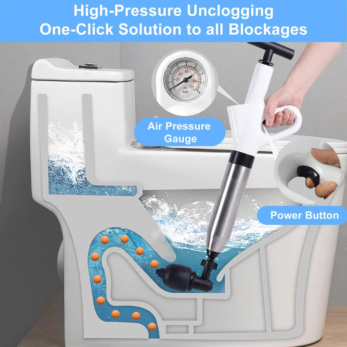 Nettoyeur de tuyaux avec indicateur de pression atmosphérique | 4 ventouses | Déboucheur de tuyaux d'air comprimé pour lavabo, toilettes, salle de bain, douche, cuisine