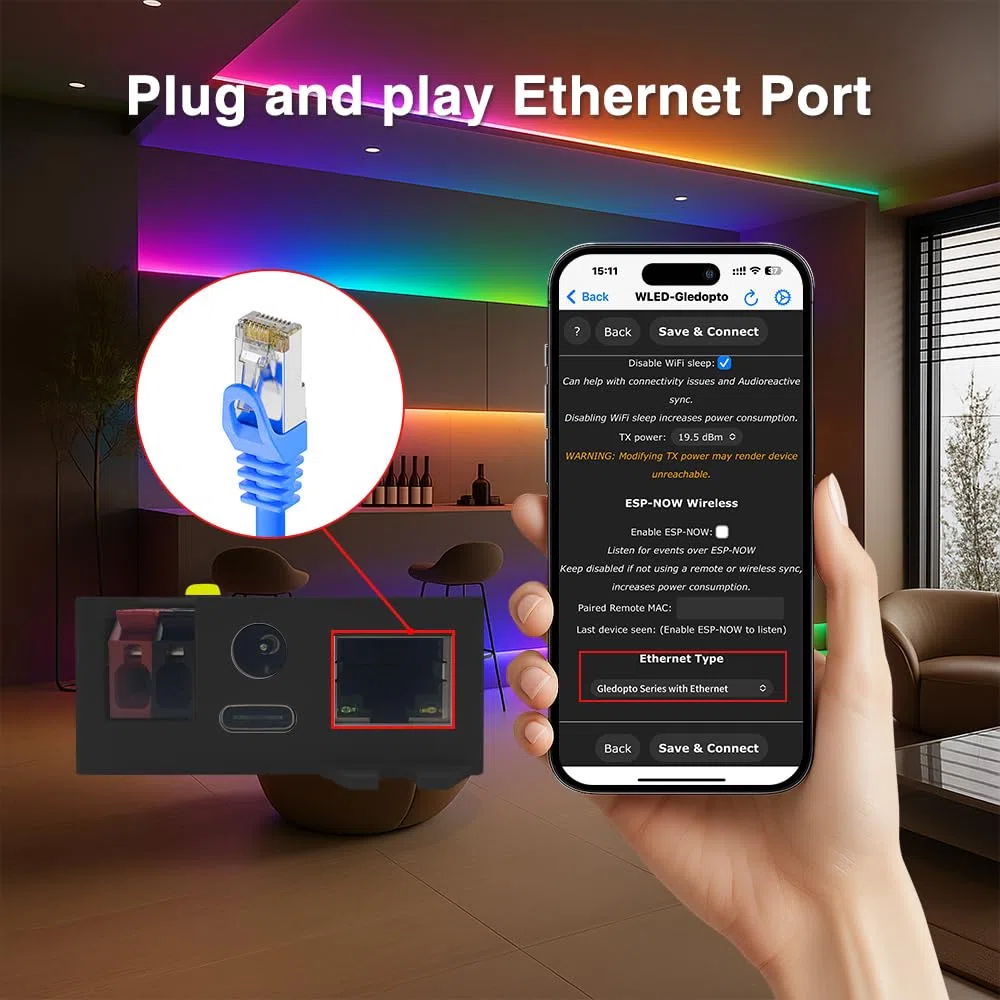 GLEDOPTO Contrôleur ESP32 WLED Elite - Relais, Ethernet, Audio Réactif, Fusible 20A - Pour Bandes LED Adressables Numériques WS2811, WS2812, SK6812, WS2815 (noir)