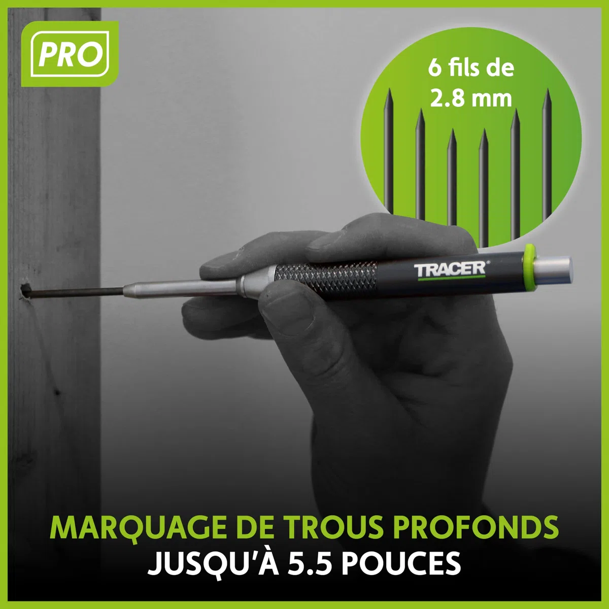 Tracer Pro Series Crayon de construction à trous profonds en aluminium avec 6 paquets de mines de rechange et étuis de chantier