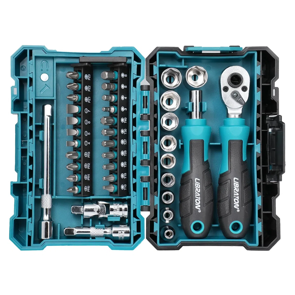 LIBRATON Ensemble de cliquet et de douilles mini 37 pièces avec entraînement de 10,2 mm, embouts de 4–13 mm, manche magnétique, barres d’extension et joint universel, avec étui de rangement pour