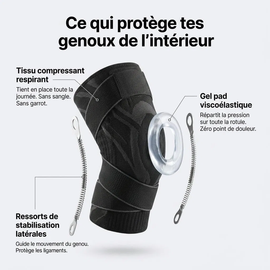 flexi pro genouillère, genouillère travail compression 360 sans sangle, chantier stabilisation gel ressort, protection genou batiment invisible sous pantalon confort longue durée