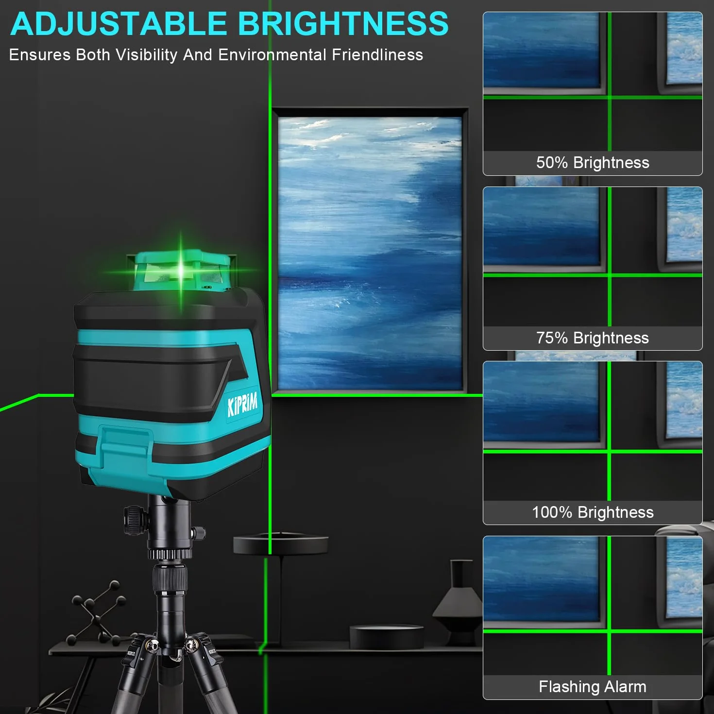 Niveau Laser, Niveau Laser Vert Lignes Croisées Kiprim LV8D avec Visibilité Améliorée, 5 Lignes Laser, Luminosité Réglable, Mode Manuel/Autonivelant/Impulsion, Piles et Sac de Transport Inclus