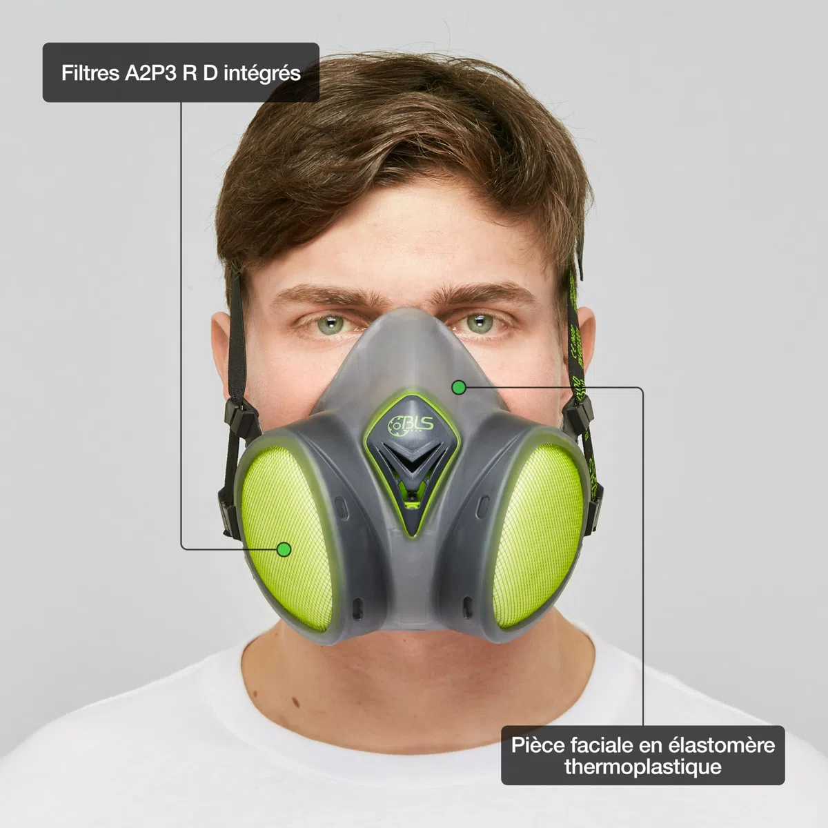 BLS 8600next A2P3 R D Demi-masque de Protection en TPE avec Filtres A2P3 Intégrés, Prêt à l'Emploi et Sans Entretien. Pour Gaz/Vapeurs, Poussières, Mauvaises Odeurs, peinture, Masticage et Solvants