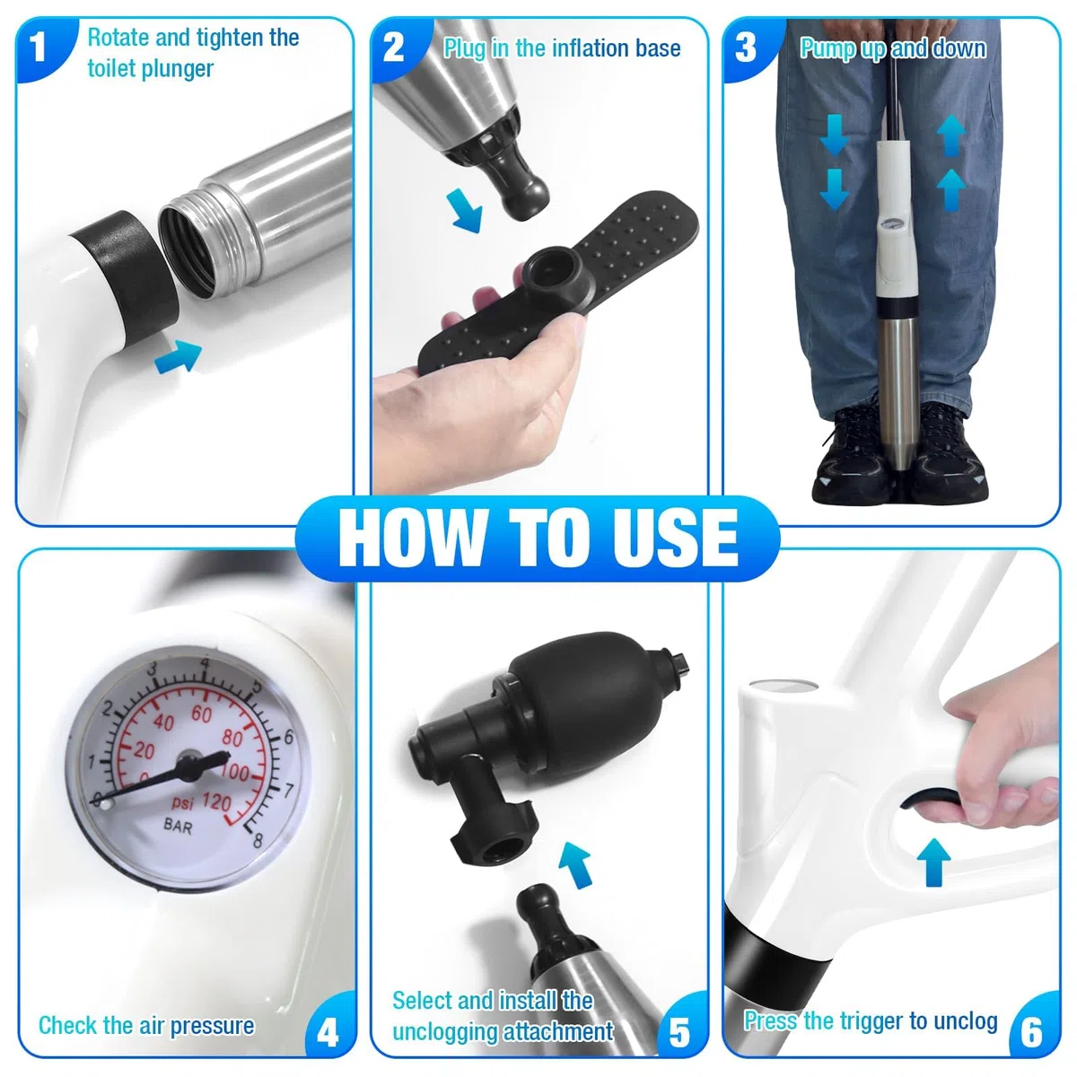 Deboucheur WC, 4-en-1 à Air Comprimé Ventouse Haute Pression Piston Puissant, Toilette/Évier/Baignoire, Anti-Bouchons Cheveux/Papier, avec 3 Têtes Remplaçables + Baromètre + Gonfleur