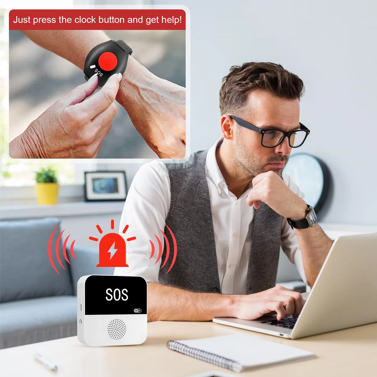 Bracelet Alarme Personne Agee, Bouton D'appel WiFi pour Soignant, Bracelet D'appel d'urgence pour Seniors, WiFi Smart SOS Alarme de Bouton d'urgence pour Le Téléavertisseur Handicapé Système