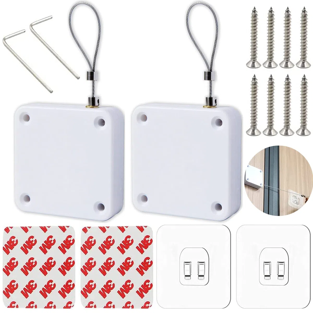 2 Pièces Ferme-Porte à Capteur Automatique, Porte à Capteur Automatique Sans Poinçon Automatic Door Closer, Ferme-Porte Automatique Avec Capteurs Avec Cordon de Serrage(Force Traction: 800g)
