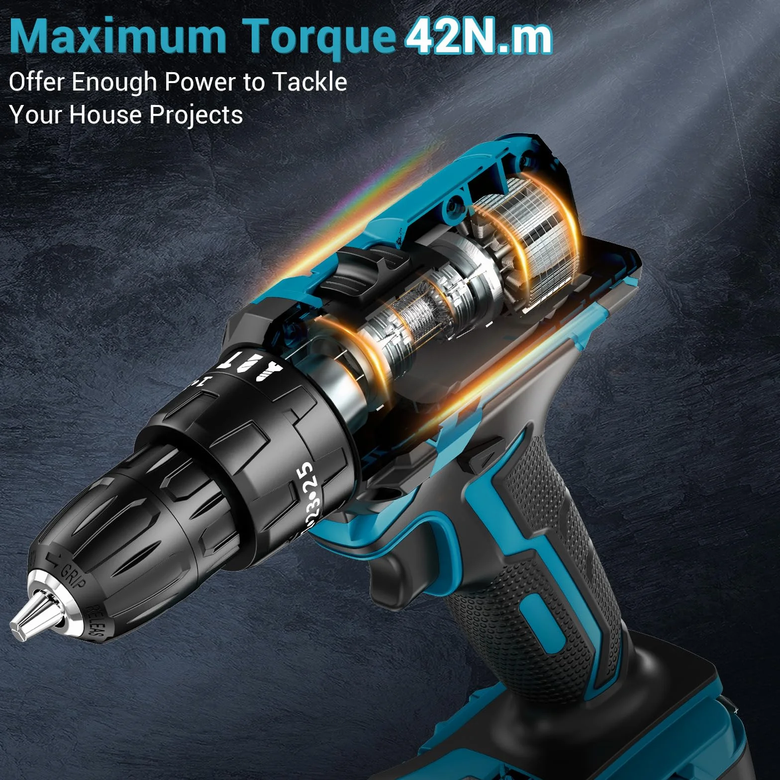 MHPRO Perceuse Visseuse Sans Fil 21V, Visseuse Devisseuse avec Batteries 2.0Ah, 42N.m Percussion, 25+3 Réglages de Couple, 24 Accessoires, 2 Vitesses, LED, pour Projet de Bricolage