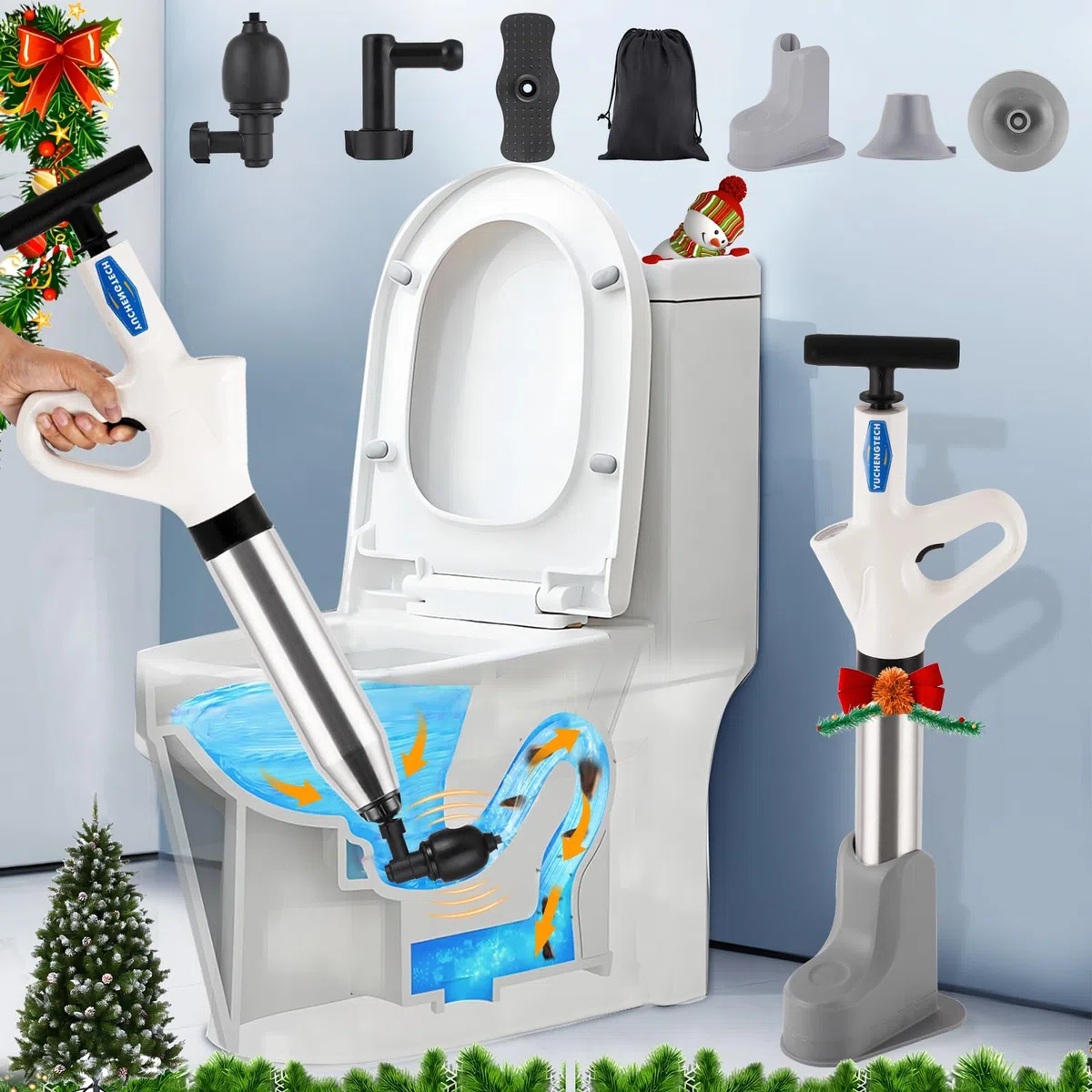YUCHENGTECH Déboucheur WC Puissant Deboucheur Toilette Haute Pression Pompe Deboucheur Canalisation avec un Support et 4 Têtes Remplaçables pour Déboucher les Toilettes/Lavabo/Baignoire/Drain de Sol