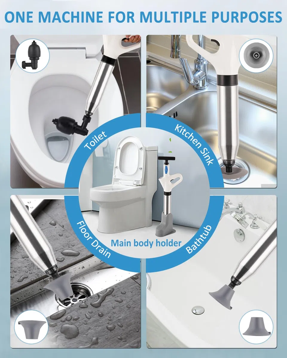 YUCHENGTECH Déboucheur WC Puissant Deboucheur Toilette Haute Pression Pompe Deboucheur Canalisation avec un Support et 4 Têtes Remplaçables pour Déboucher les Toilettes/Lavabo/Baignoire/Drain de Sol
