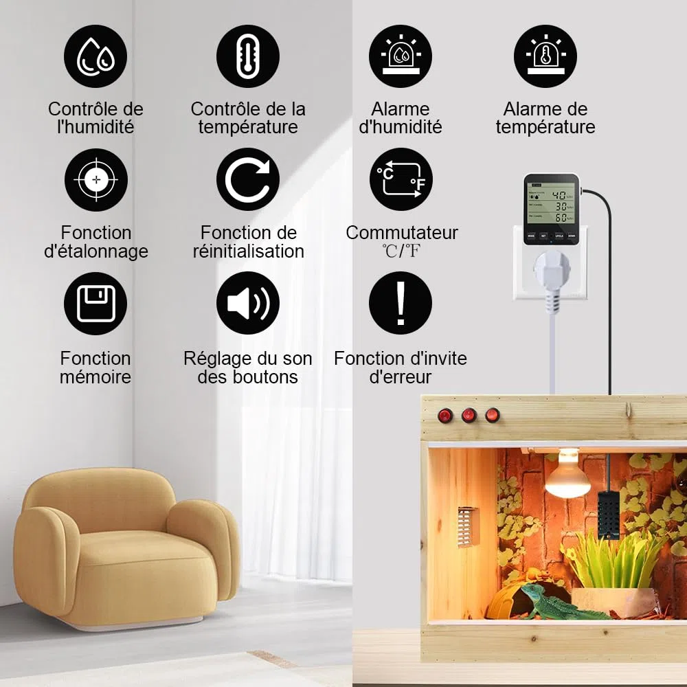 KETOTEK Digital Contrôleur Humidité/Température, Prise Hygrostat avec Sonde, Regulateur D'humidité 230V avec Alarme pour Incubateur Serre Humidificateur Déshumidificateur
