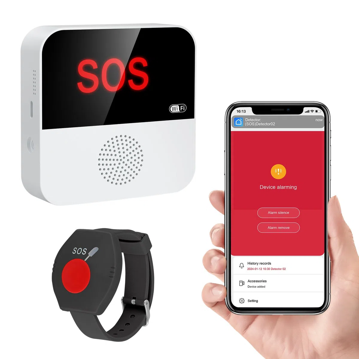 Bouton d'appel urgence WiFi + RF pour les personnes âgées - Système d'alerte pour les seniors - 1 bracelet d'appel - 1 récepteur
