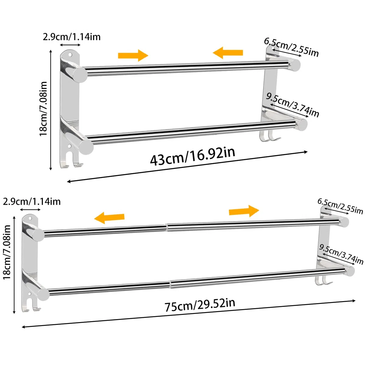 Porte-Serviettes Mural Adhésif avec 2 Crochets 40-75cm Double Bars | Porte Serviette Salle de Bain, Porte-Serviettes Acier Inoxydable 304 Adhésif pour Salle de Bain, Cuisine