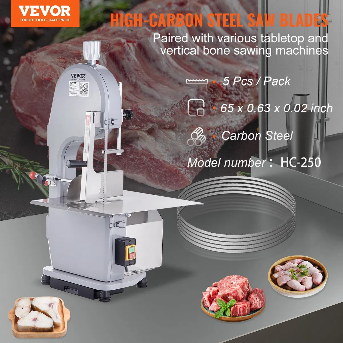 VEVOR Lot de 5 Lames de Scie à Ruban 1650x16x0,56 mm Lame de Scie à Os en Acier au Carbone Résistant Denture Tranchante Accessoire de Rechange pour Scie à Os de Boucher Couper Viande Congelé Os Épais
