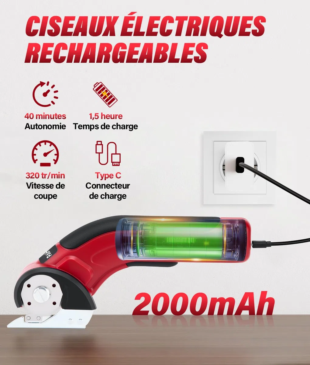 PAHTTO Cisaille électrique Coupe-carton 4 V, 320 tr/min, coupe-rouleau sans fil Coupe-tout universel avec 2 lames auto-affûtantes et chargeur, pour papier, carton, moquette, cuir, tissu (rouge)
