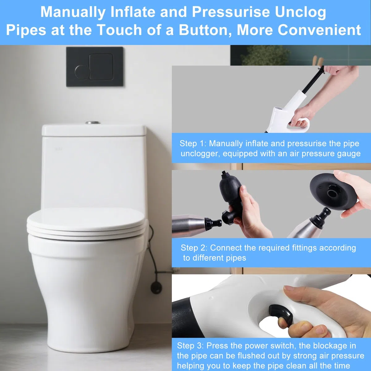 Nettoyeur de tuyaux avec indicateur de pression atmosphérique | 4 ventouses | Déboucheur de tuyaux d'air comprimé pour lavabo, toilettes, salle de bain, douche, cuisine