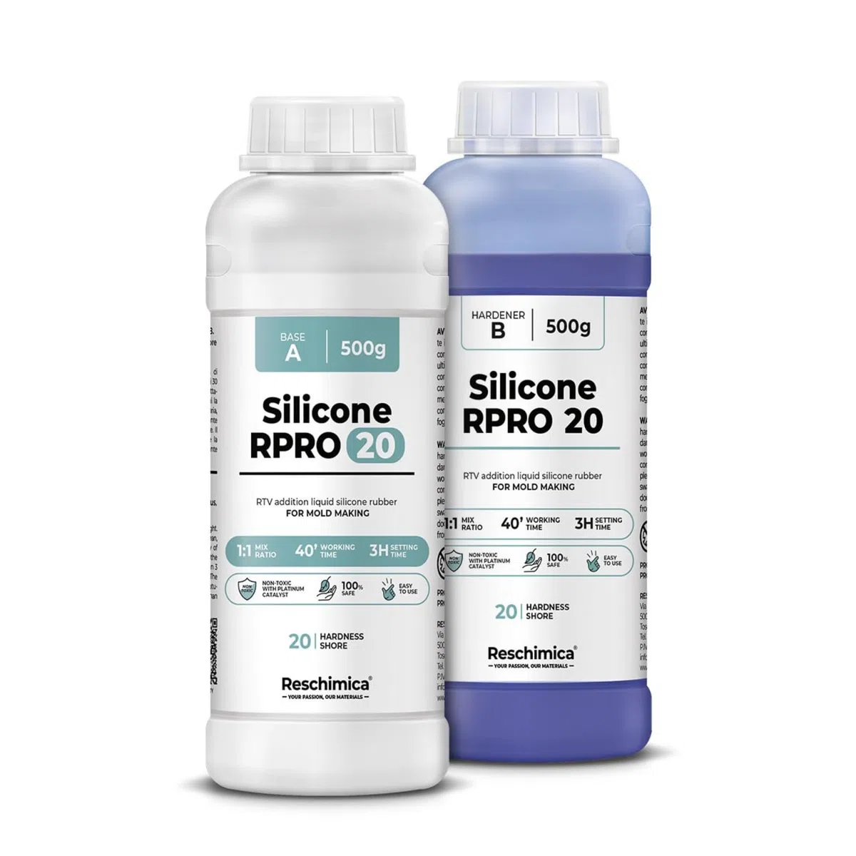 Reschimica Silicone pour Moulage Flexible Bicomposant R Pro 20 (1 kg) Silicone Liquide pour Moulage Idéal pour Moules Précis et Résistant Compatible Résines Plâtre Cire et Autres Matériaux