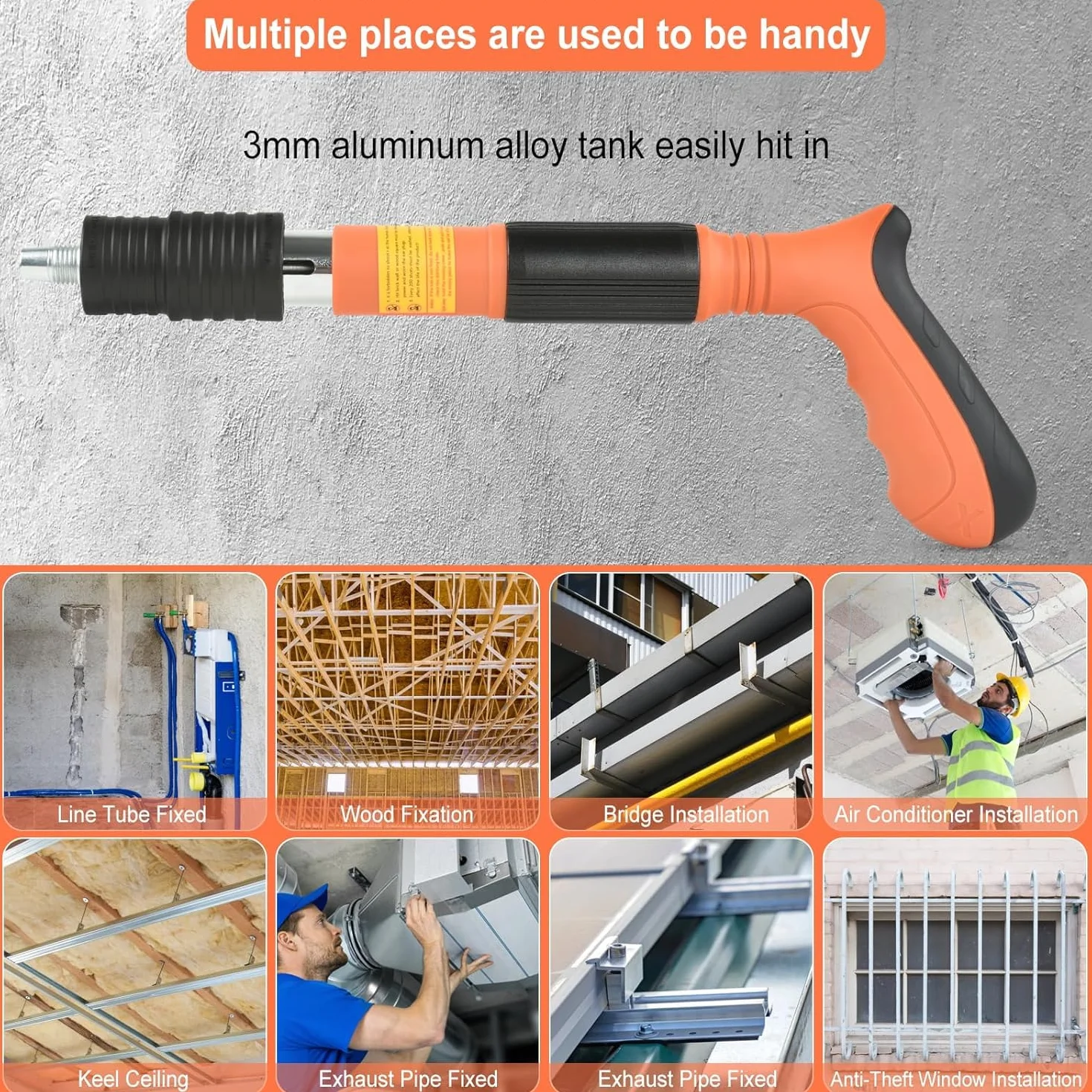 Cloueur Beton, Pistolet à Clous Manuel avec 5 Vitesses,Cloueuse Rivet Gun avec 200 Clous Ronds,Mini pistolet à ongles portable pour murs en ciment, bois, plafond, maison (orange)