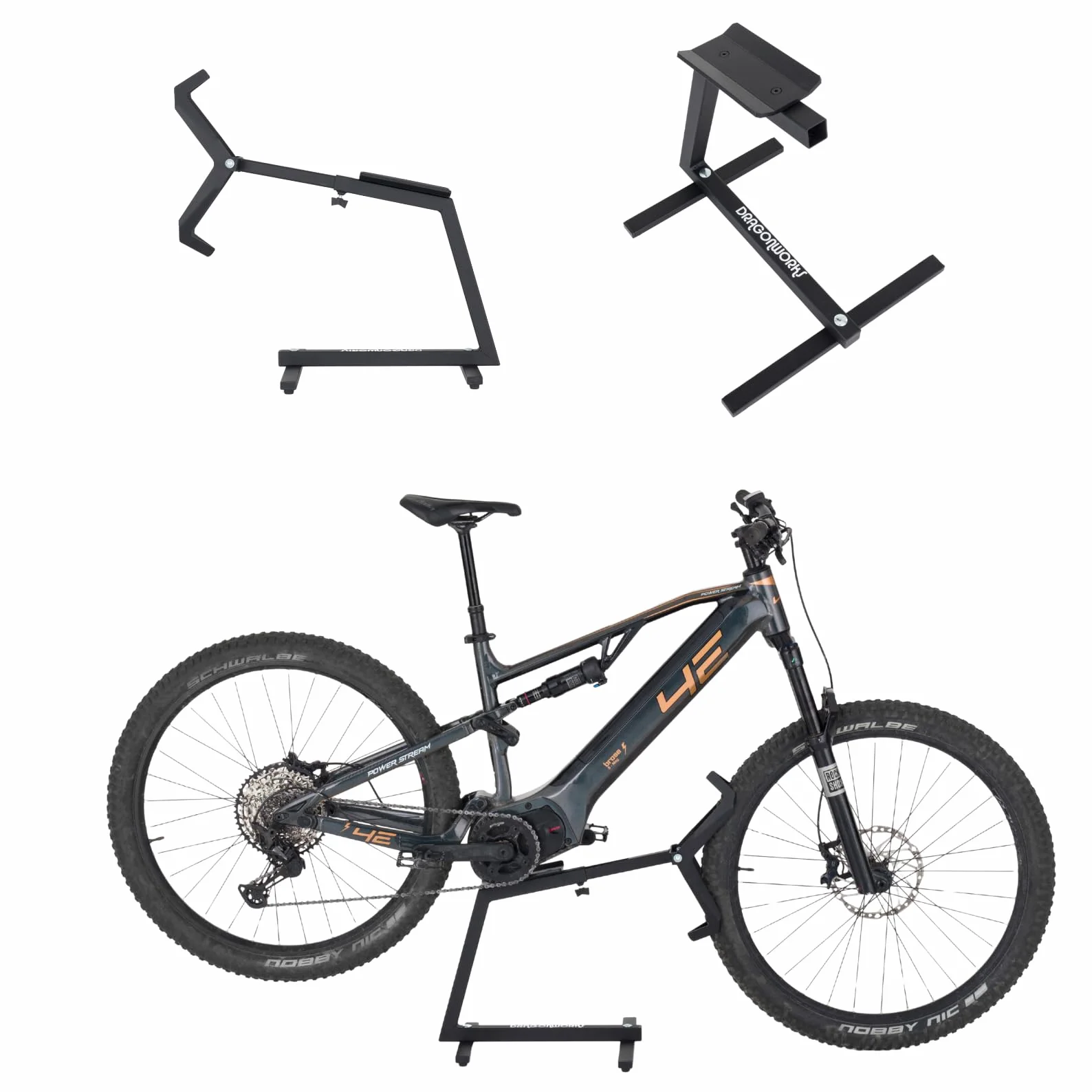 DRAGONWORKS MX Support Vélo pour E-Bike à Moteur Central - Support Vélo Sol Ultra Robuste en Acier - Idéal Entretien, Nettoyage et Stationnement - Compatible 27.5–29” - Capacité de charge de 45 kg