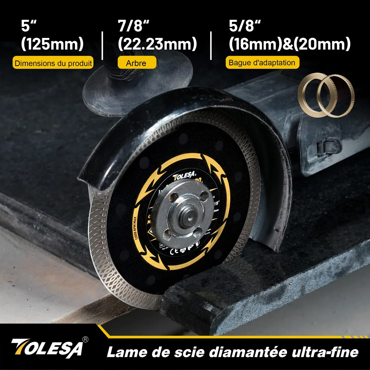 TOLESA Disque Diamant 125 mm, Disque de Coupe Extra Fin pour Carrelage, Céramique, Marbre et Granit, Coupe à Sec ou à l’Eau, Alésage 22,23 mm avec Bagues 20 mm & 16 mm (Lot de 3)