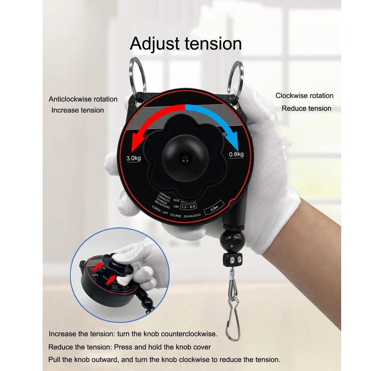 Équilibreur à ressort, support d'outil rétractable Équilibreur d'outils de 2 m de long avec crochet et câble métallique Équilibreur réglable Rétracteur Suspension Tenant l'équipement Noir pour les lig
