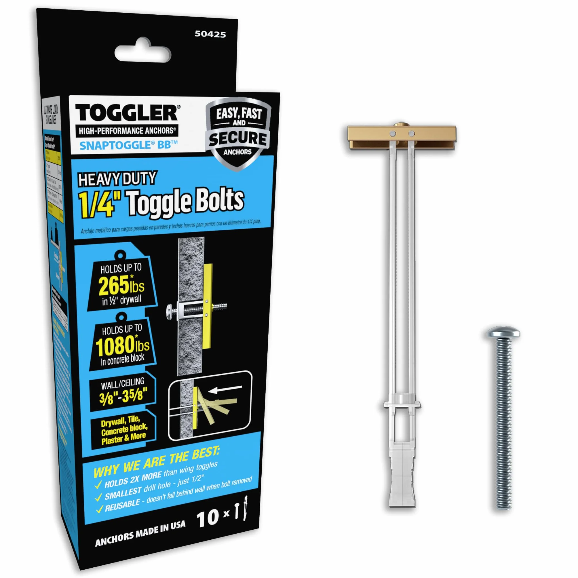 TOGGLER SNAPTOGGLE BB Lot de 10 ancrages à bascule BB avec boulons, canal en acier zingué, fabriqué aux États-Unis, plage de préhension de 0,95 cm à 9,5 cm, pour fixation 1/4"-20 UNC
