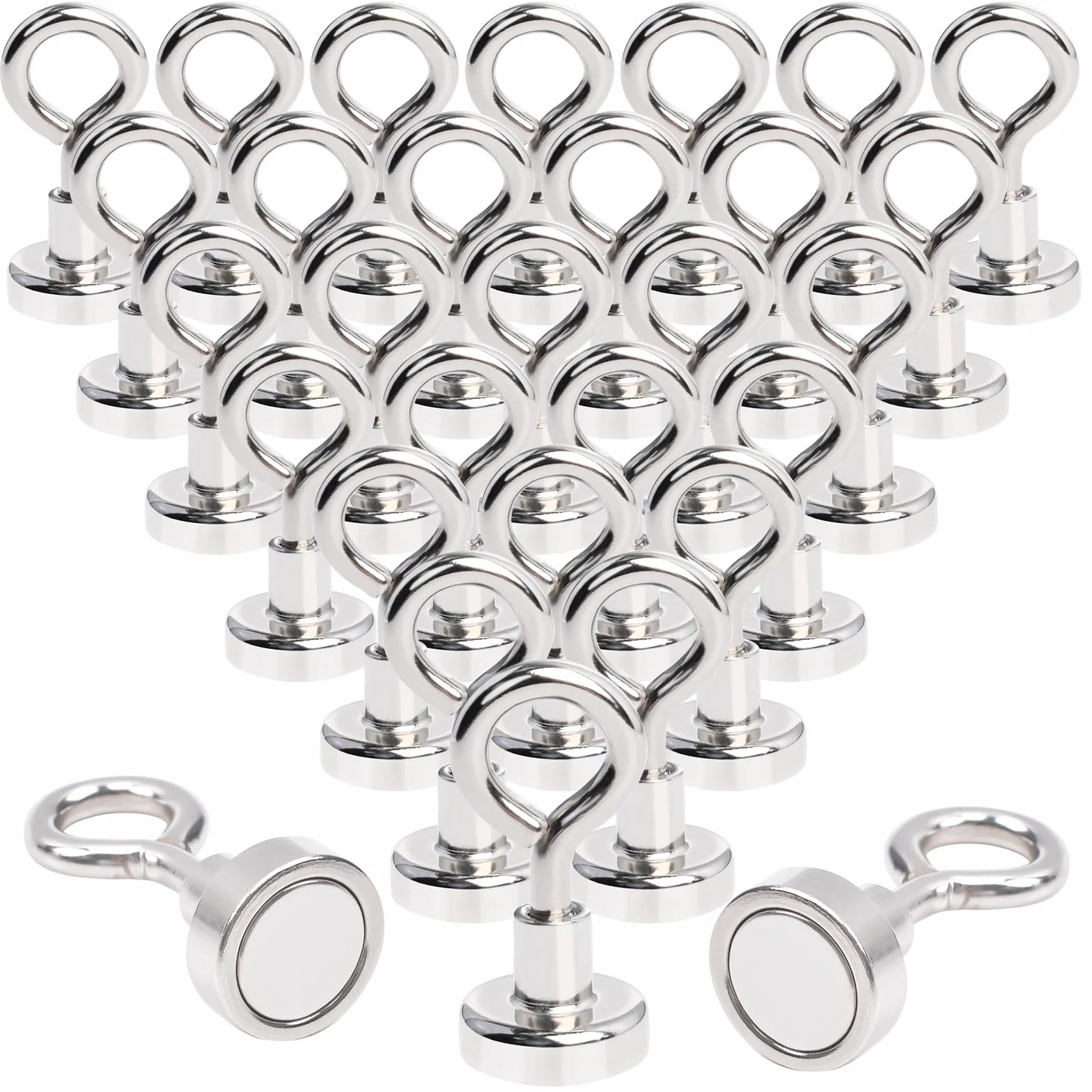 MIN CI 30 Crochets Magnétiques Extra Puissants de 16 mm Néodyme - Force de Traction 8 kg - Aimant à œillets Avec Crochet - Support Magnétique Rond Pour Camping Garage Cuisine Bureau
