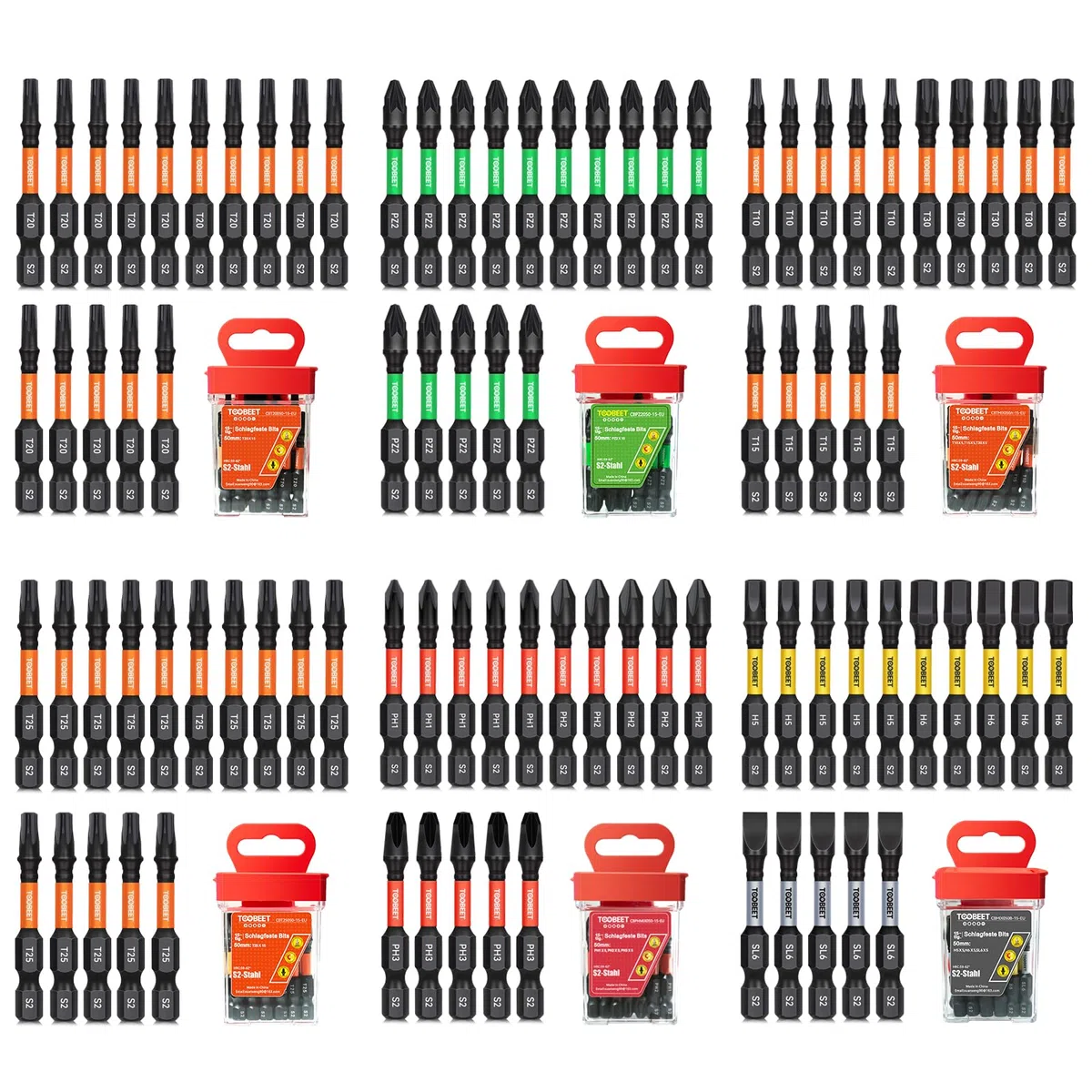 Jeu de 90 Embouts de Vissage Professionnels 50 mm (Torx, PH, PZ, Hex, Fente), Acier S2 Magnétique, Embouts pour Visseuse à Choc, Tige Hexagonale 1/4" avec Boîte de Rangement