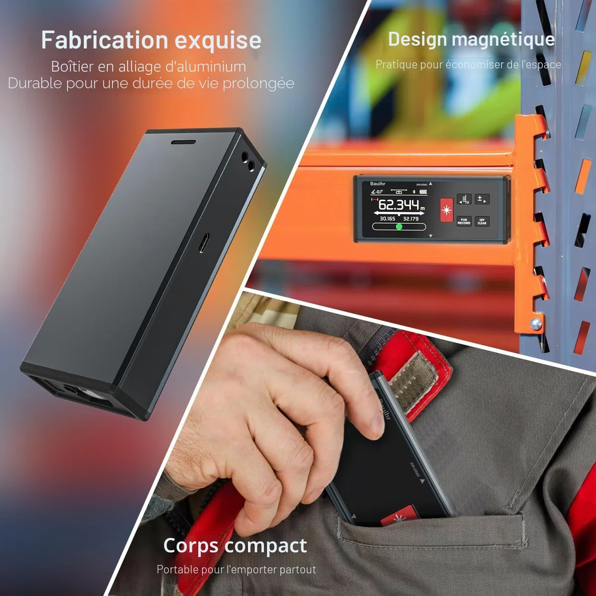Télémètre Laser Bilatéral, Bauihr 393ft/120M Rechargeable Mesure Laser avec écran LCD Rétro-éclairé, Capteur d'angle Mesurede Unités Commutables,Pythagore, Mesure Surface et Le Volume