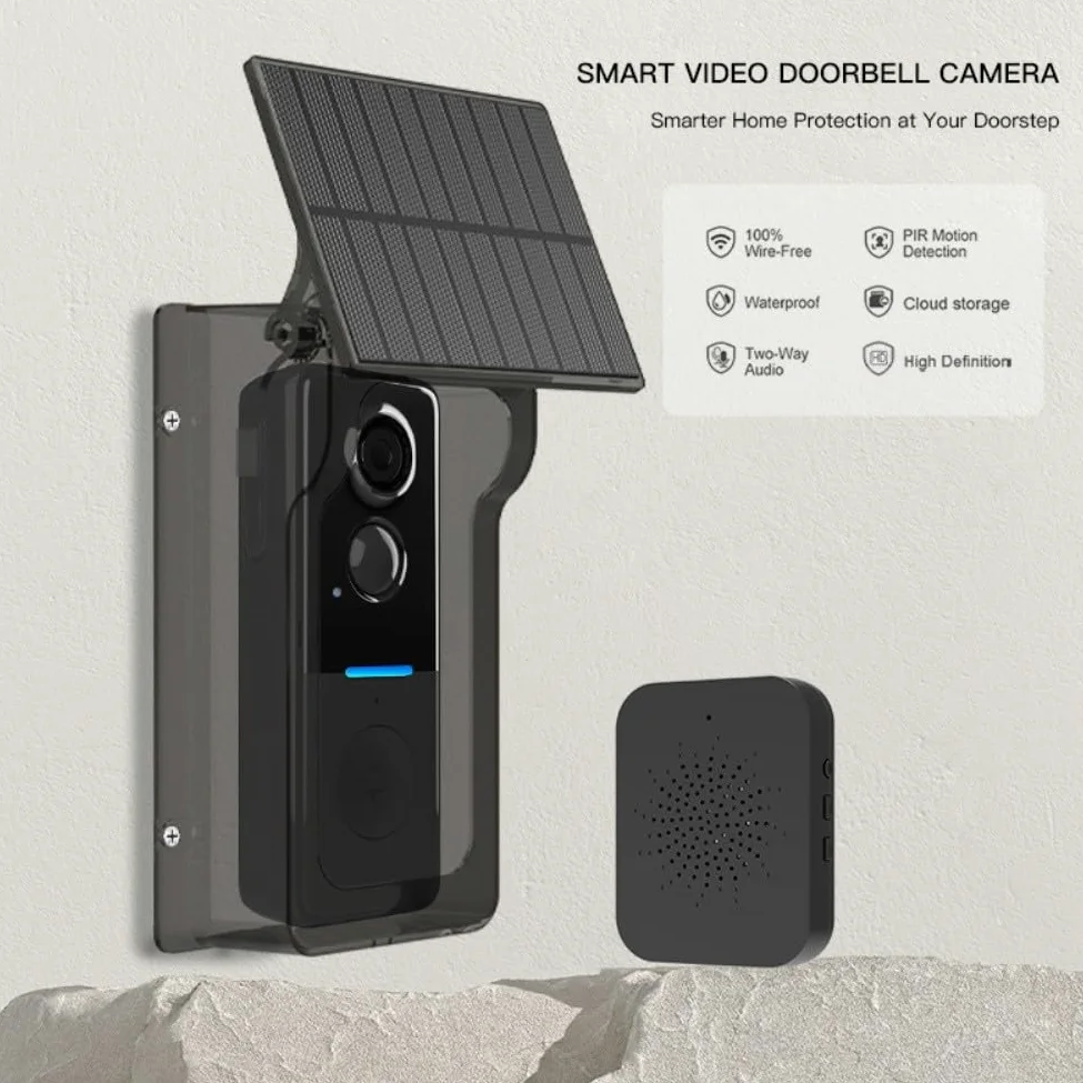 Whychstore Caméra de Sonnette Sans Fil avec Couverture Solaire, Vidéo 1080P, Interphone avec Vision Nocturne et Détection de Mouvement PIR, Sécurité Intelligente pour la Maison IP65 Étanche pour Tuya
