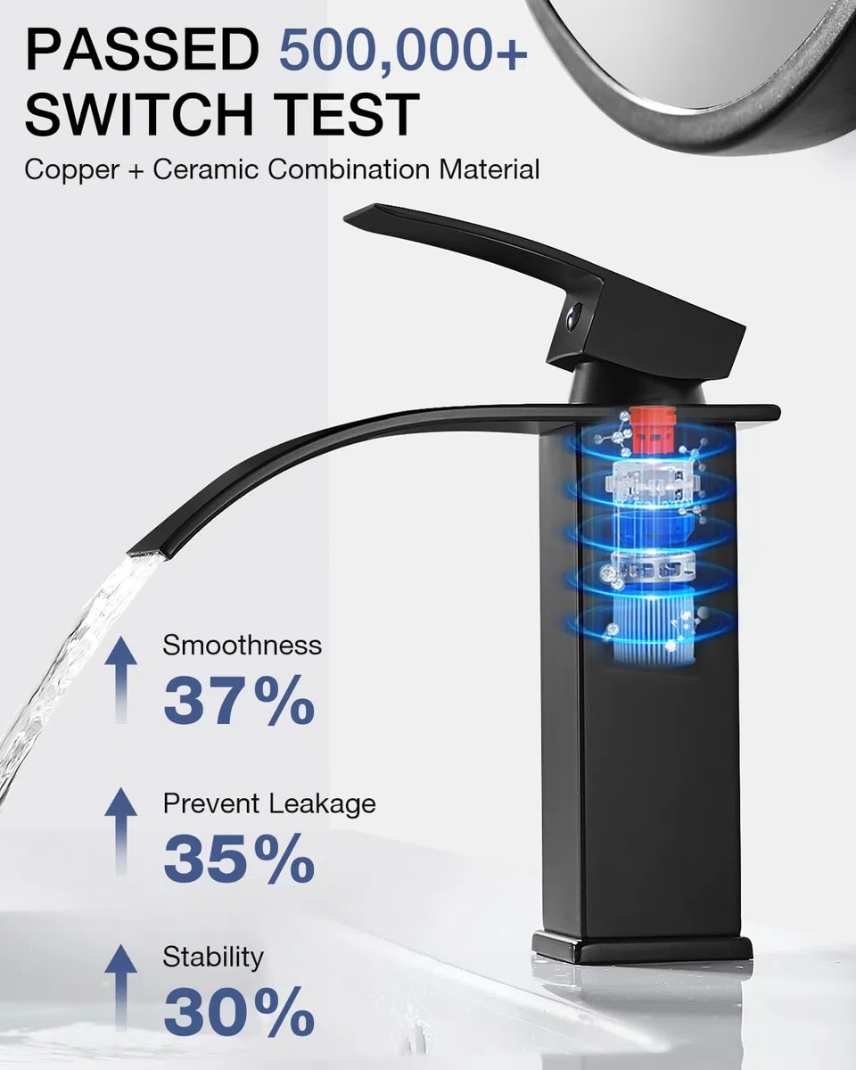 Moderne Robinet Lavabo Noir Cascade, Mitigeur Lavabo Salle de Bain en Laiton Design Elégant, Robinet Salle de Bain Noir avec Bec Hauteur 115mm, Robinetterie Cascade G 3/8